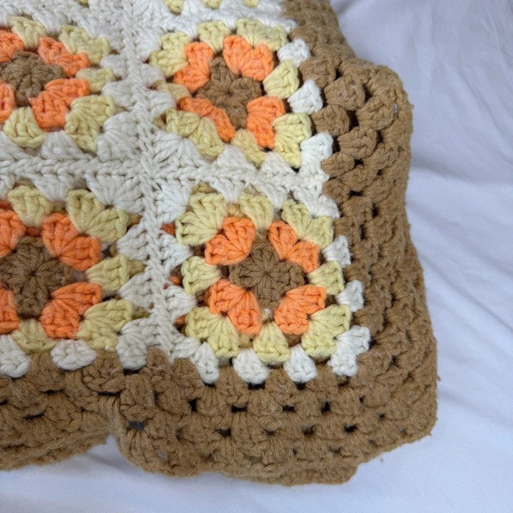 Vintage Handmade Crochet Granny Square Blanket Afghan Orange Brown Retro 72x52